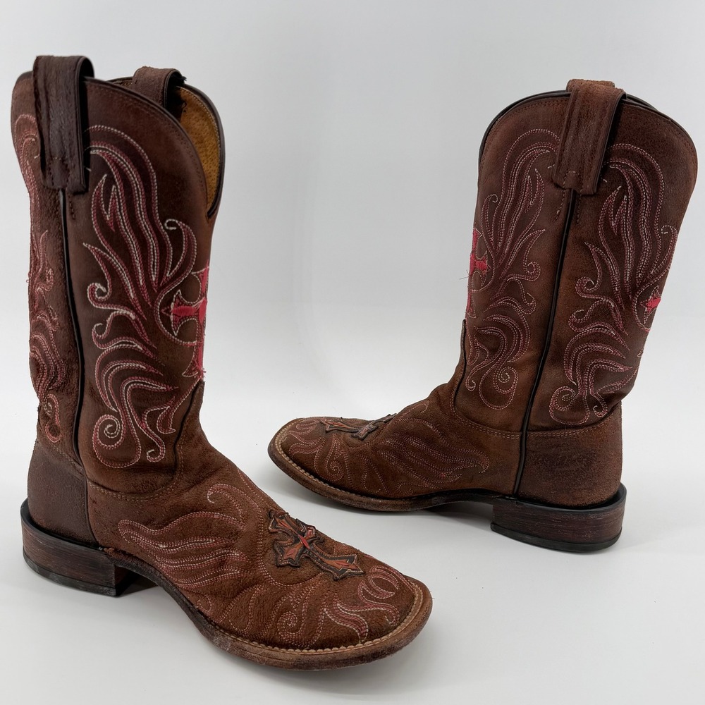 Tony Lama Women's 6.5 B Brown Western Cowboy Boots Square Toe Cross Embroidery - Picture 3 of 9